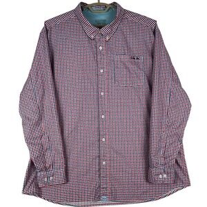 Huk Mens L Button Down Shirt Red Blue Plaid Long Sleeve Pocket Logo
